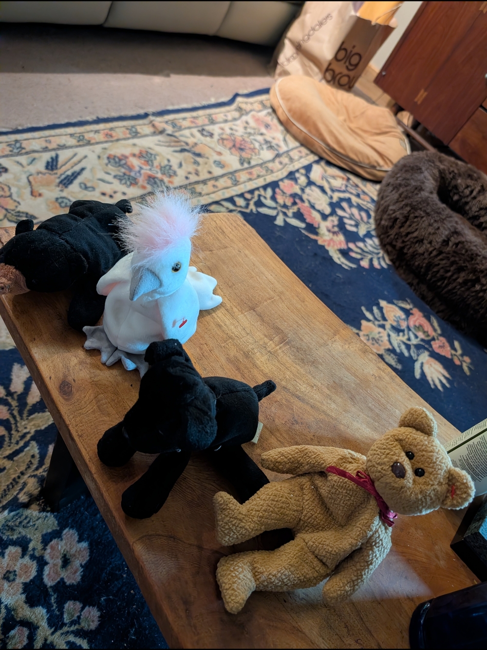 Ty 4 Beanie Baby W/O Tags Teddy Bear, Black Bear, Bird & Dog
